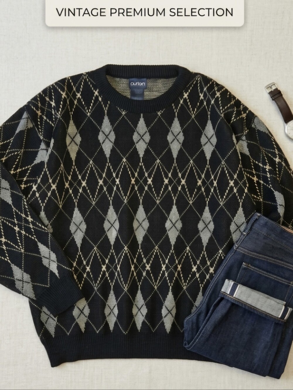 VTG 90s Puritan Men's Argyle Knit Crewneck Sweater Geometric Grandpa Aesthetic L